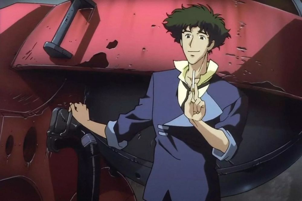 cowboy bebop. spike seigel holds up a cigarette with his other hand on a starship fuel line 