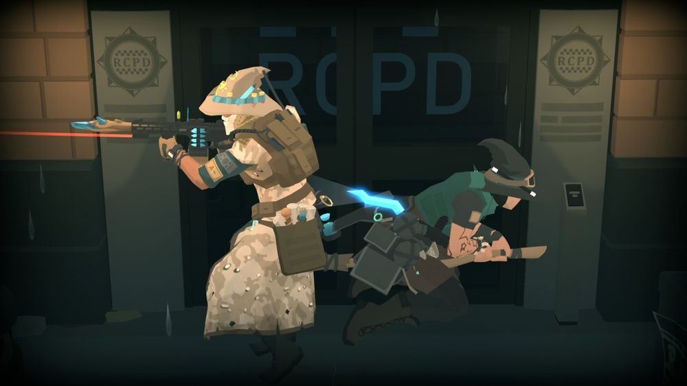 gameplay shot of tactical breach wizards with the characters pointing a gun shaped wand and on a broom 