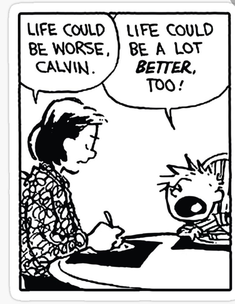 A panel from a Calvin and Hobbes comic.  Calvin's mom, eating dinner, says "Life could be worse, Calvin."  Calvin, clearly upset, his mouth huge says "Life could be a lot BETTER too!"