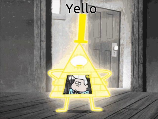 a yellow triangle with a picture of a man in it and the word yello on the top