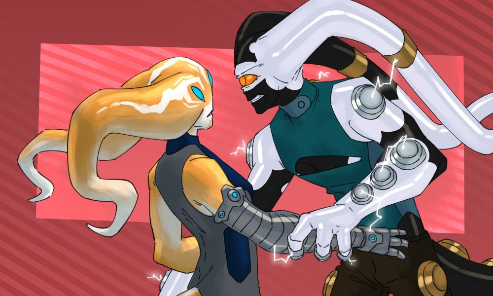 A drawing of a uxorite and conductoid. The conductoid is grabbing the uxorite's arm and pulling her close, snarling with irritation. Electricity sparks from her ports, and connects to the uxorite's metal arm.