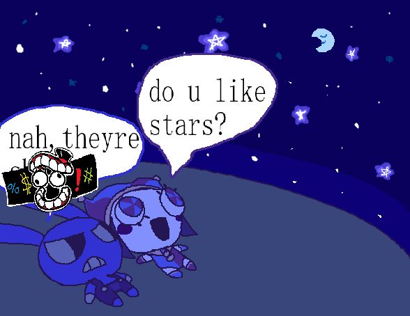 An MS Paint drawing based on the "do u like stars" meme with two aliens looking at the stars, but it's Jax and Pomni. They are looking up at the stars, and Moon is visible from a distance. Pomni asks "do you like stars?" Jax responds, "nah, theyre sh-" but is censored by the Caine Censor Bar.
