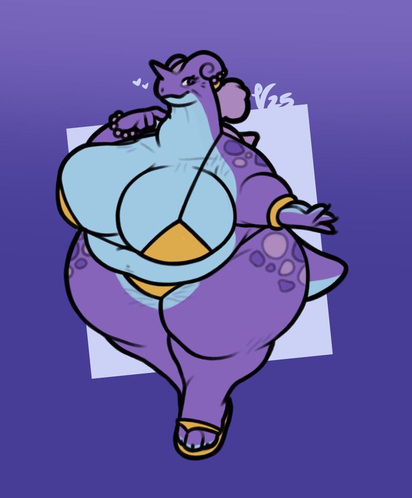 Image of Lapis, an fat anthro lapras from the pokemon franchise holding her arm out towards someone out of view, a soft smile on her face.