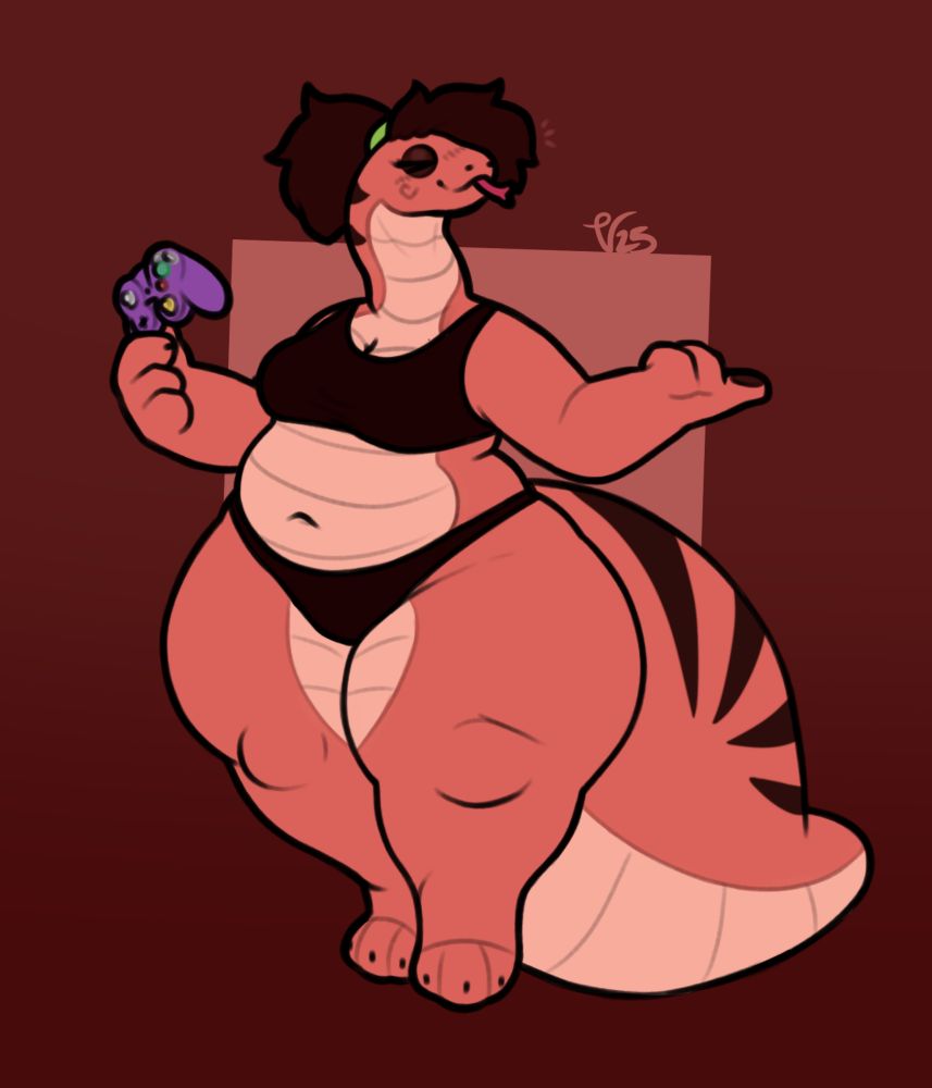 Image of Arida, a chubby and curvy anthro tsuchinoko with a silly expression pointing off screen, a game controller in her hand
