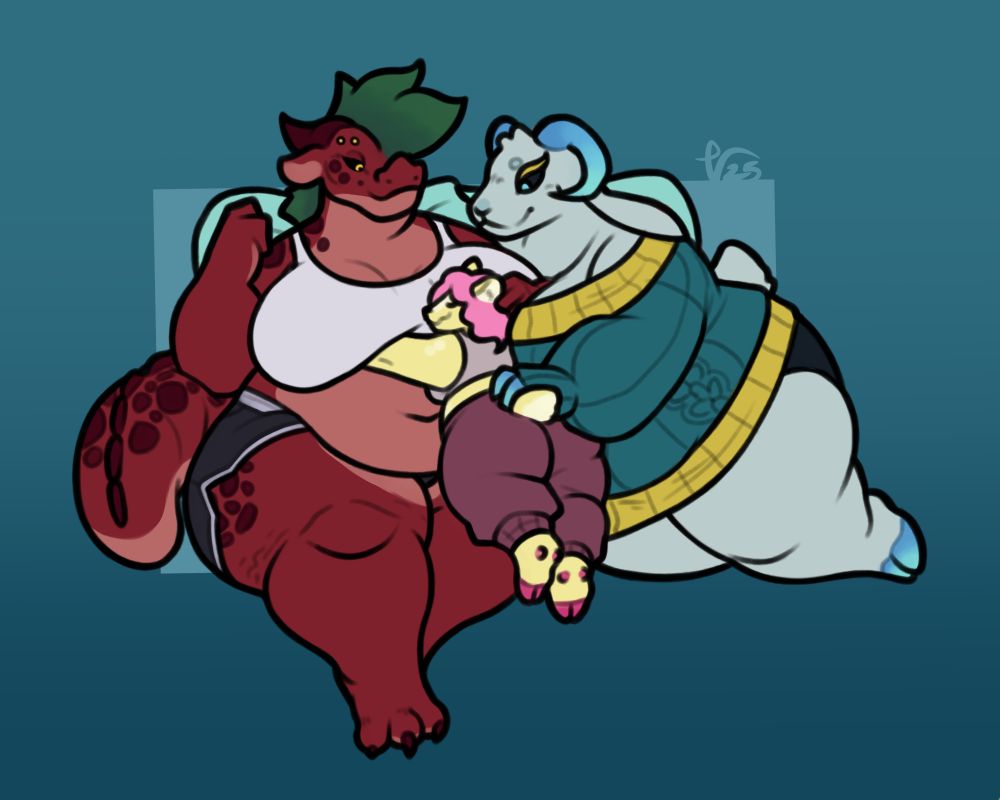 Image of Kiera and Stardust laying down together, Acorn caught between the two of them. Kiera brushes a hand through Acorn's hair with a soft smile on her face. Stardust runs her hooved hand along Acorn's back. Acorn looks quite content in jer position, face buried in Kiera's chest