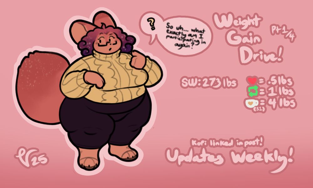 Image of Phoebe, a fat shortstack fennec fox anthro looking off to the side with a confused expression. She seemingly doesn't notice the details of a WG drive next to her as she says "So uh... what exactly am I participating in again?"