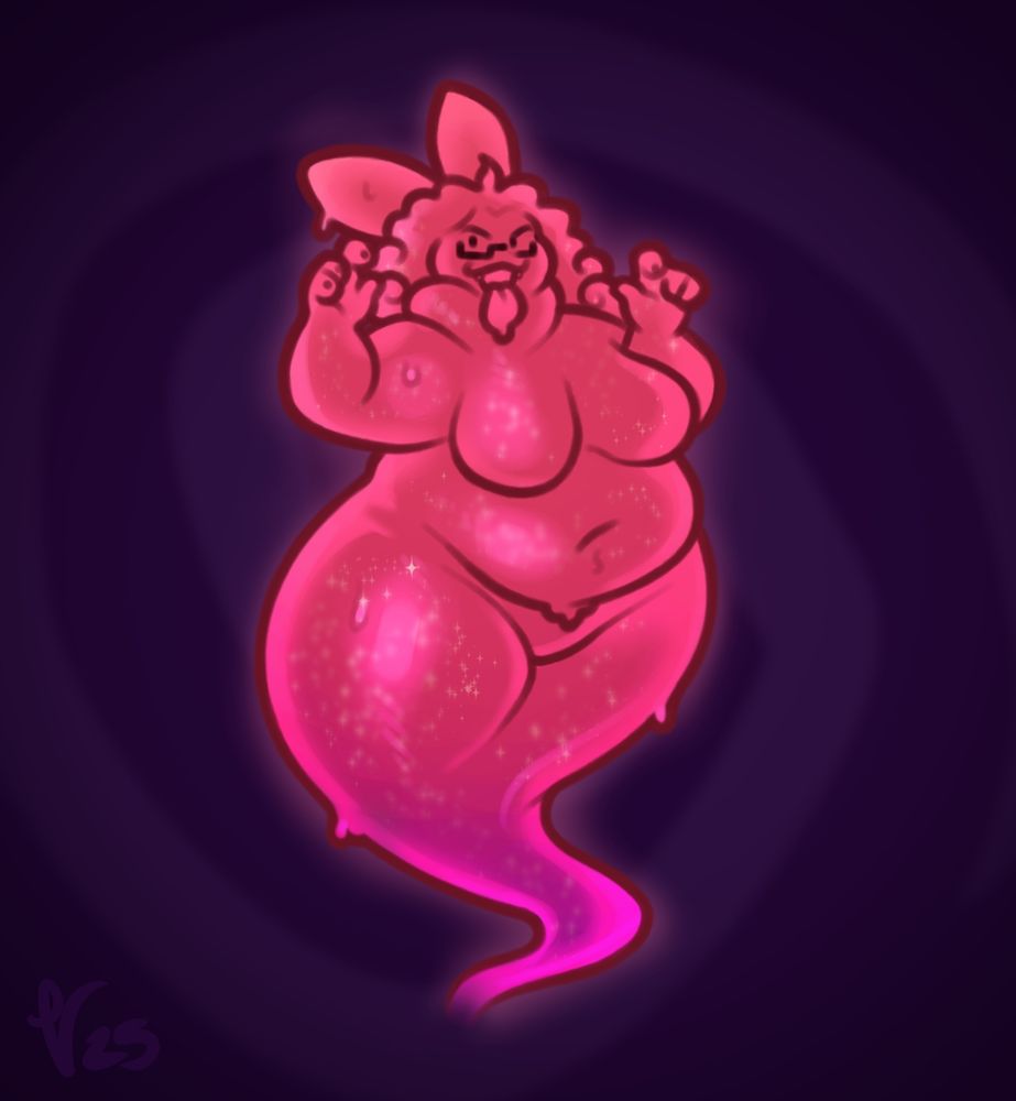 Image of Phoebe in a glowing, gooey, slightly ectoplasmic ghost form holding her arms up in a poor attempt to spook the viewer