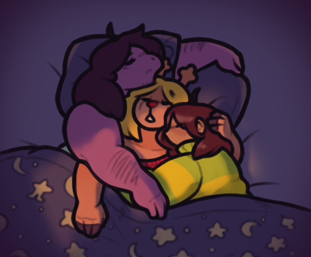 Image of the characters Kris, Susie, and Noelle from deltarune snuggled up in bed with one another. A beam of light from an out of view window is shining on the three
