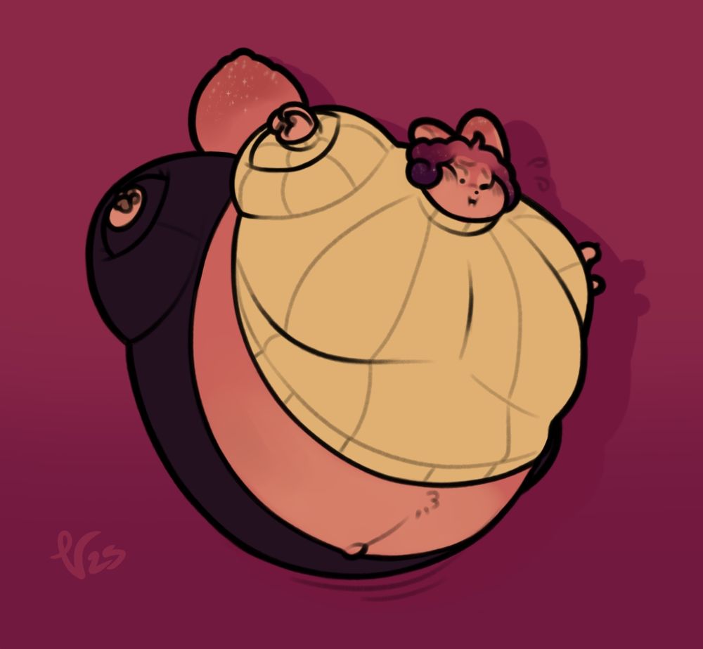Image of Phoebe in a notably orbular state, her limbs just barely poking out of her newly inflated form. She looks down at the ground with a slightly flustered look on her face