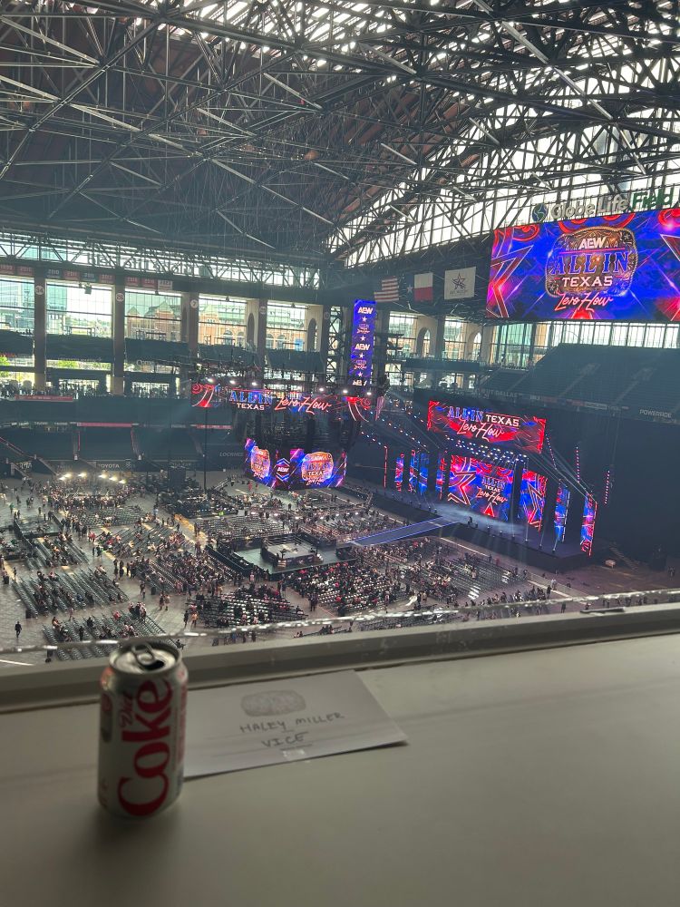 My view from the press box with my Diet Coke of course!