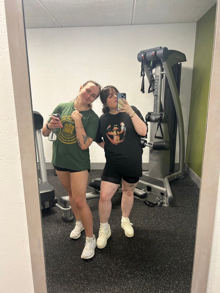 Haley and Kiley in the gym after eating 500 pounds of amazing Mexican food 