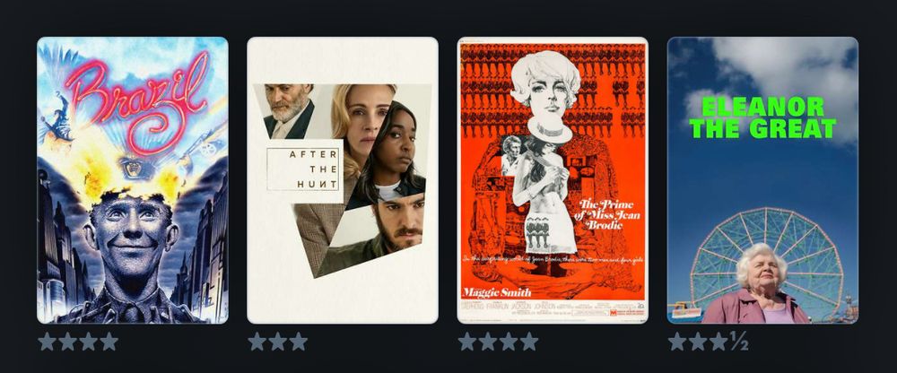 Movie posters for Brazil, After the Hunt, The Prime of Miss Jean Brodie, and Eleanor the Great