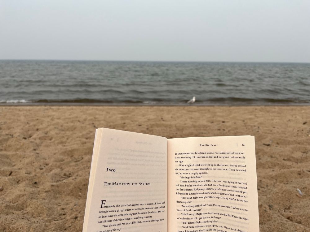 A book open to Chapter Two with a view of the beach, lake, and smoke-filled sky beyond.