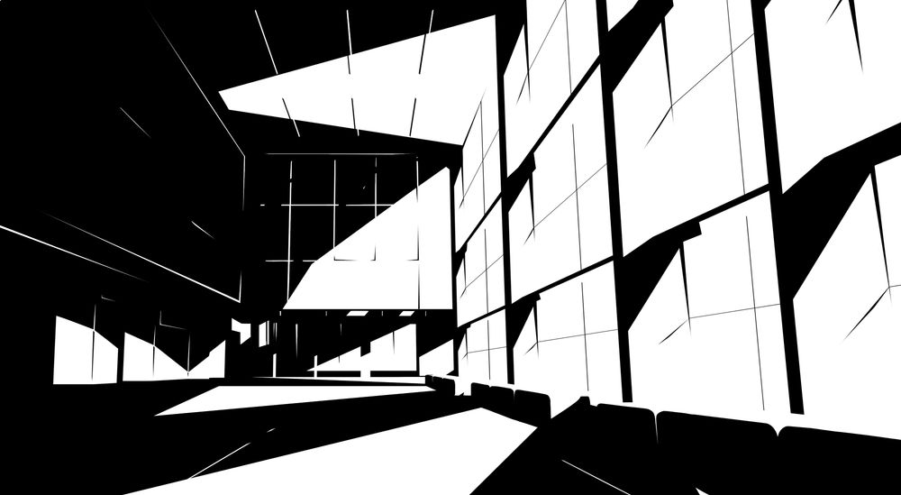 A black and white view of a corporate building's lobby. A wall of windows from the right side light the place.