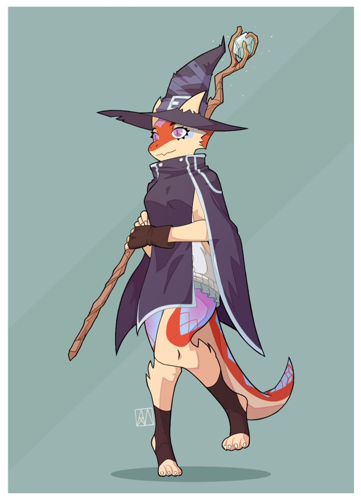 A kobold wizard is standing on one foot. She wears a large witch hat and a purple robe, and holds a glowing staff. Her scales are yellow, orange, blue and purple.