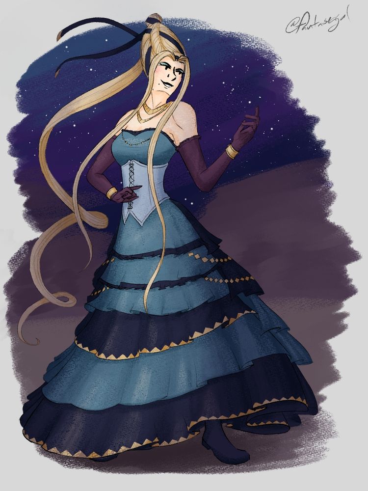 Dolcinaea stands ready for a confrontation. She stands atop the rugged hill outside Sai, with desert cliffs and a star filled night sky in the distance