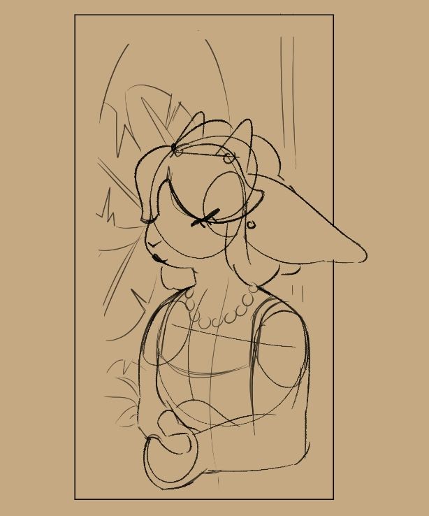 Upper half sketch of fem goat holding own hands together, wearing a dress and pearl necklace. Rough sketch of plants and arches behind her.