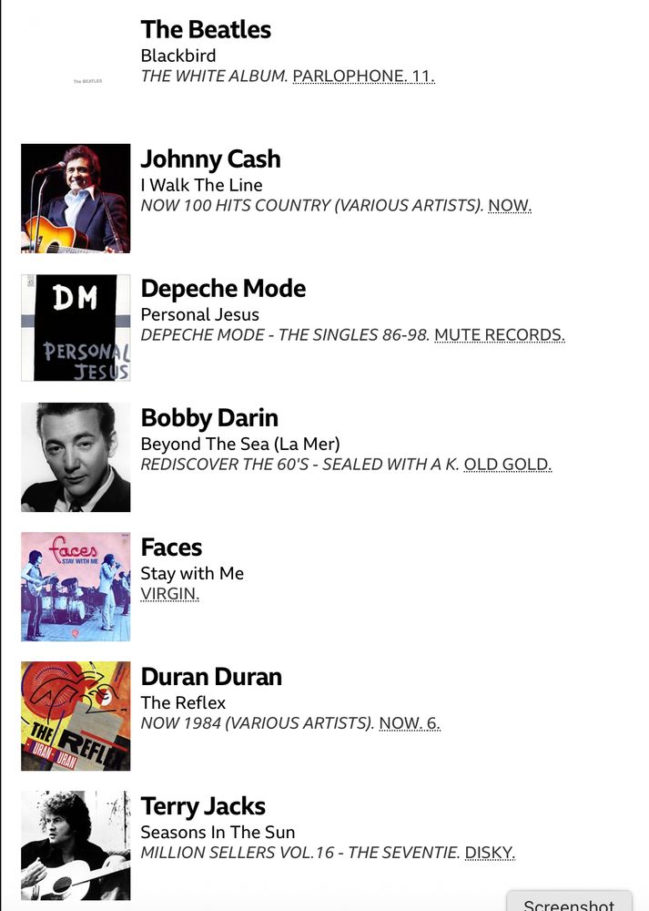 Johnny Cash - I Walk The Line
Depeche Mode - Personal Jesus
Bobby Darin - Beyond The Sea
Faces - Stay With Me
Duran Duran - The Reflex
Terry Jacks - Seasons In The Sun