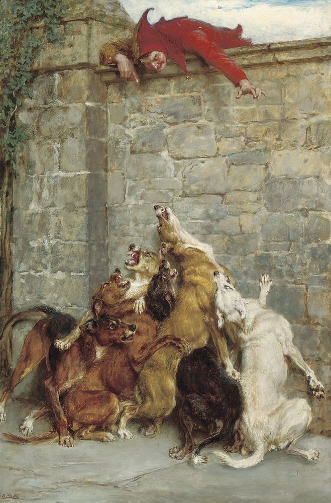 A painting of a jester atop a wall taunting angry dogs on the ground who cannot reach him.