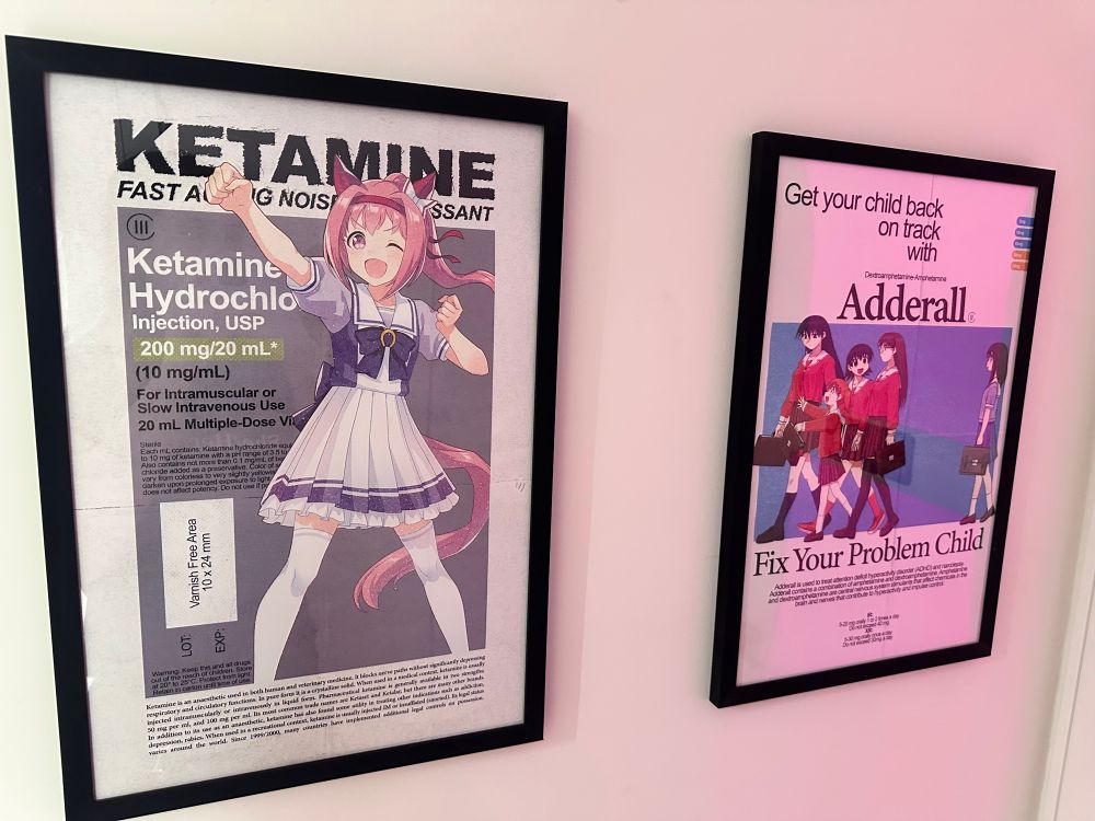 A poster of haru urara on an IM ketamine drug information sheet, and another of 5 anime girls and the text "Adderall, Fix your problem child", overlaid onto the drug information for Adderall
