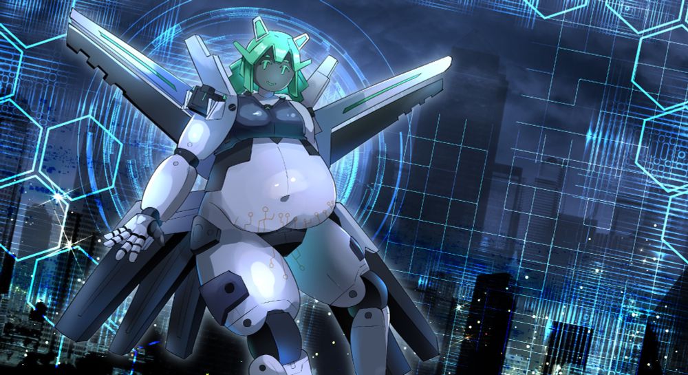 A drawing of Lemma's gunpla form in flight in front of a futuristic city backdrop.