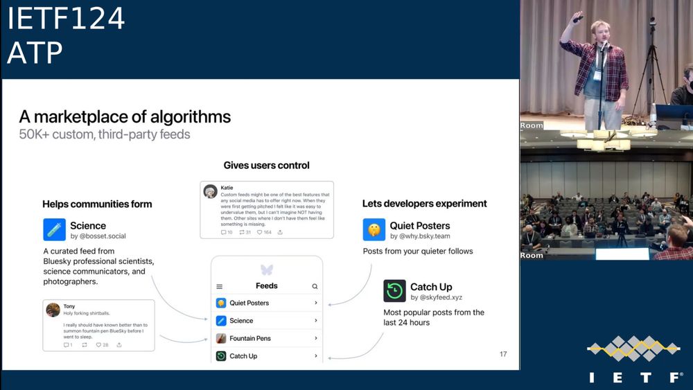 A slide from the AT Protocol's IETF Birds of a Feather meeting focusing on Bluesky's feeds, including a post from Katie. The full handle and username are censored.