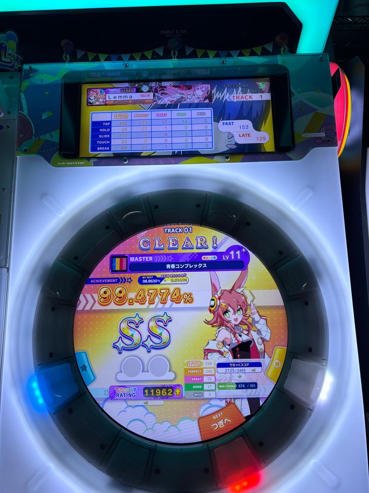 A picture of a 99.4474% score on Seishun Complex Master in Maimai DX.