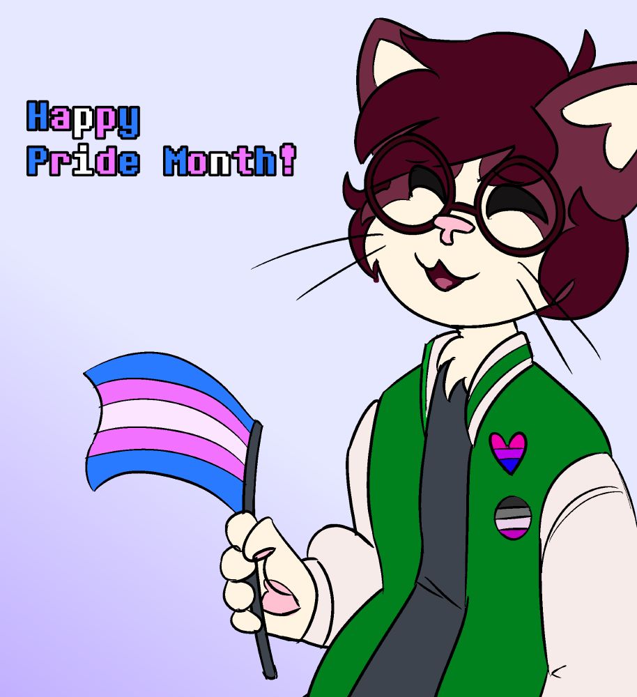 my fursona holding a trans flag with a bi heart pin and an asexual circle pin on a green varsity jacket