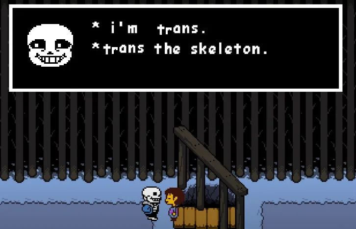 Sans where you first meet him in snowdin, except his dialogue box says "i'm trans. trans the skeleton."
