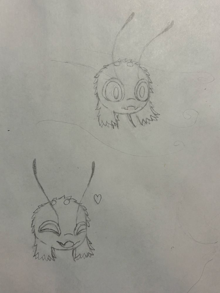 Two small headshot sketches of an anthro butterfly character. They generally have a mouth with two small fangs, ringed eyes, two spots at the top of the head, and tufts of fluff somewhat resembling hair. The top sketch has a neutral expresion with the fluff and antennae blowing in the wind; the bottom sketch is a happy expression with a lil’ heart