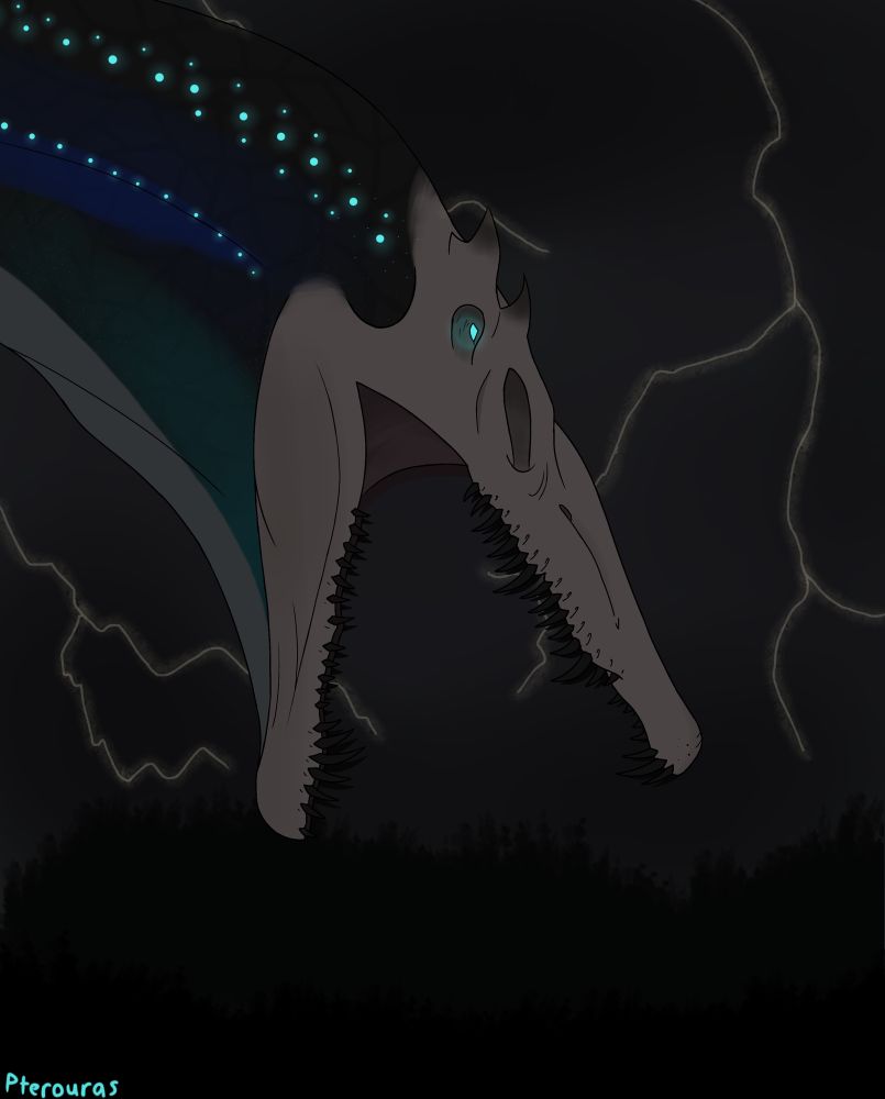 (Art) A sideview of a spinosaurid against a stormy forest background with lightning bolts in the back. The head appears to take on a skull appearance and colors. The neck has varying dark blue and green shades, with light blue bioluminescent spots along the center of the neck glowing. The eye glows a similar blue.