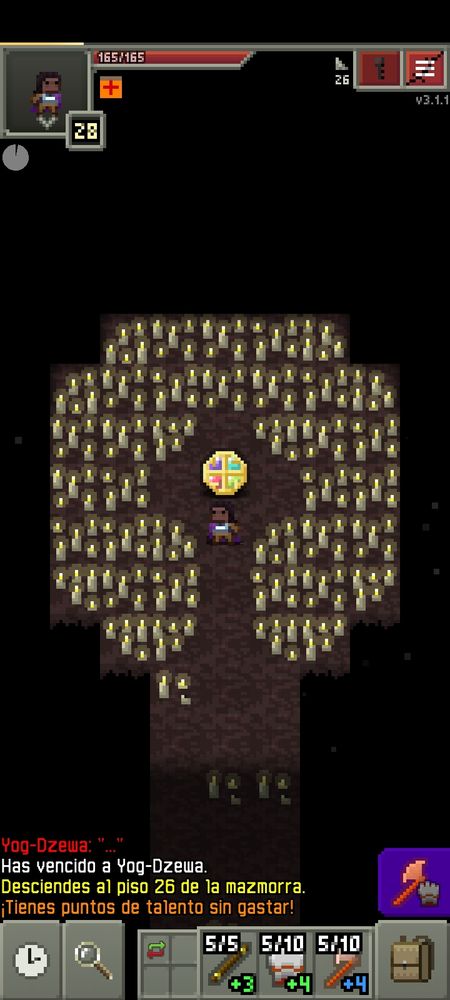 Screenshot shows the end of a normal run, with the Player Character reaching for the amulet