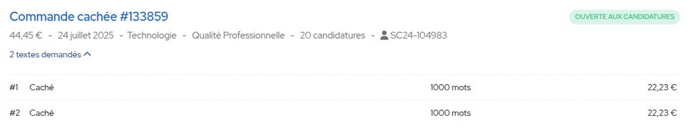 une annonce de redacteur.com, pour deux textes de 1000 mots, payés 22€23, pour une "qualité professionnelle"