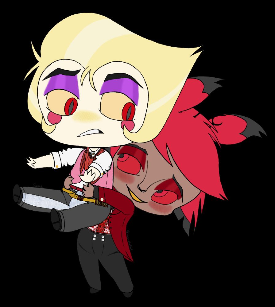 Chibi blushing Alastor is victorian style clothes proudly holding up a chibi blushing Lucifer dressed as a cowboy. Alastor looks proud and enamored, Lucifer looks concerned but into it.