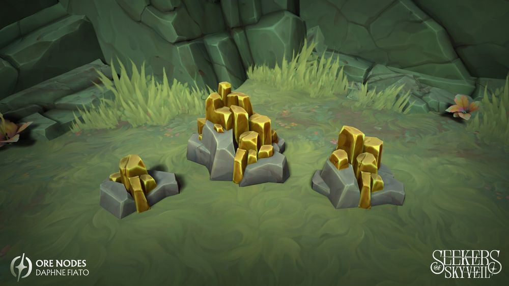 A set of three 3D rocks with golden ore in a hand painted style, sitting atop a grassy outcrop.