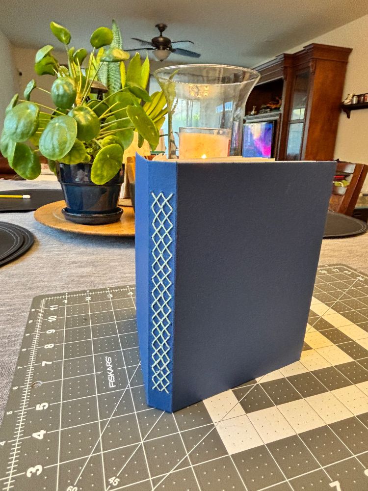 A hand stitched book with a blue cover, standing upright with the decorative spine facing the camera.
