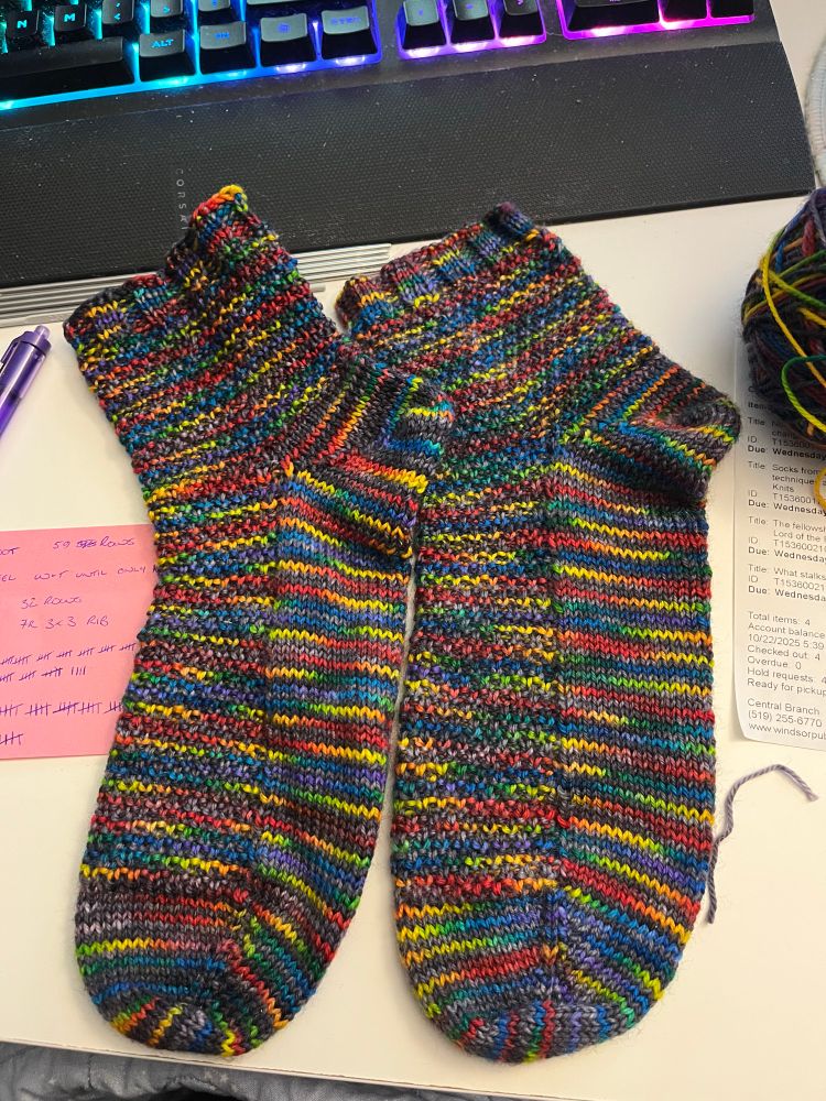 A pair of charcoal and rainbow socks with a moss stitch instep and leg