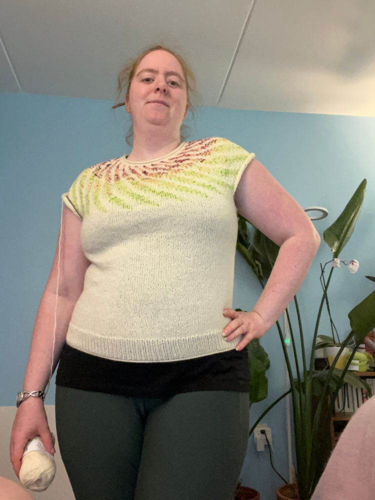 Morgan in the torso of a hand knit sweater. The sleeves haven’t been knitted yet. It’s white with pink and green fern leaves circling the neck and chest.