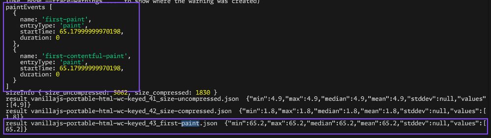 Screenshot of terminal logs emitted by the JS Framework Benchmark. Two sections are highlighted that indicate paint events are being measured and saved to a JSON file with the name "first-paint."