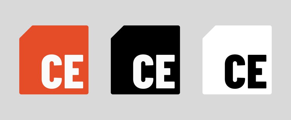 A proposed web component logo. It's a very slightly rounded red-orange square with the top left corner sliced off at a 45 degree angle. In the bottom right corner is a white condensed font saying "CE" for "Custom Elements." There's also a dark mode and light mode version of the same logo using a black and white color palette.