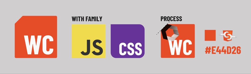 A proposed web component logo. It's a very slightly rounded red-orange square with the top left corner sliced off at a 45 degree angle. In the bottom right corner is a white condensed font saying "WC". Also in the image is the JavaScript and CSS logos and some reference illustrations showing the process of how the web component logo was created.