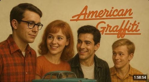 AI slop of what is supposed to be the cast of American Graffiti. None of the characters resemble what they actually look like in the movie.