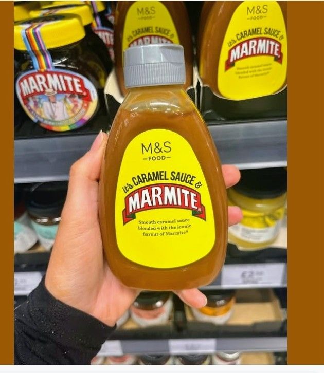 Plastic bottle labelled Caramel Sauce Marmite.