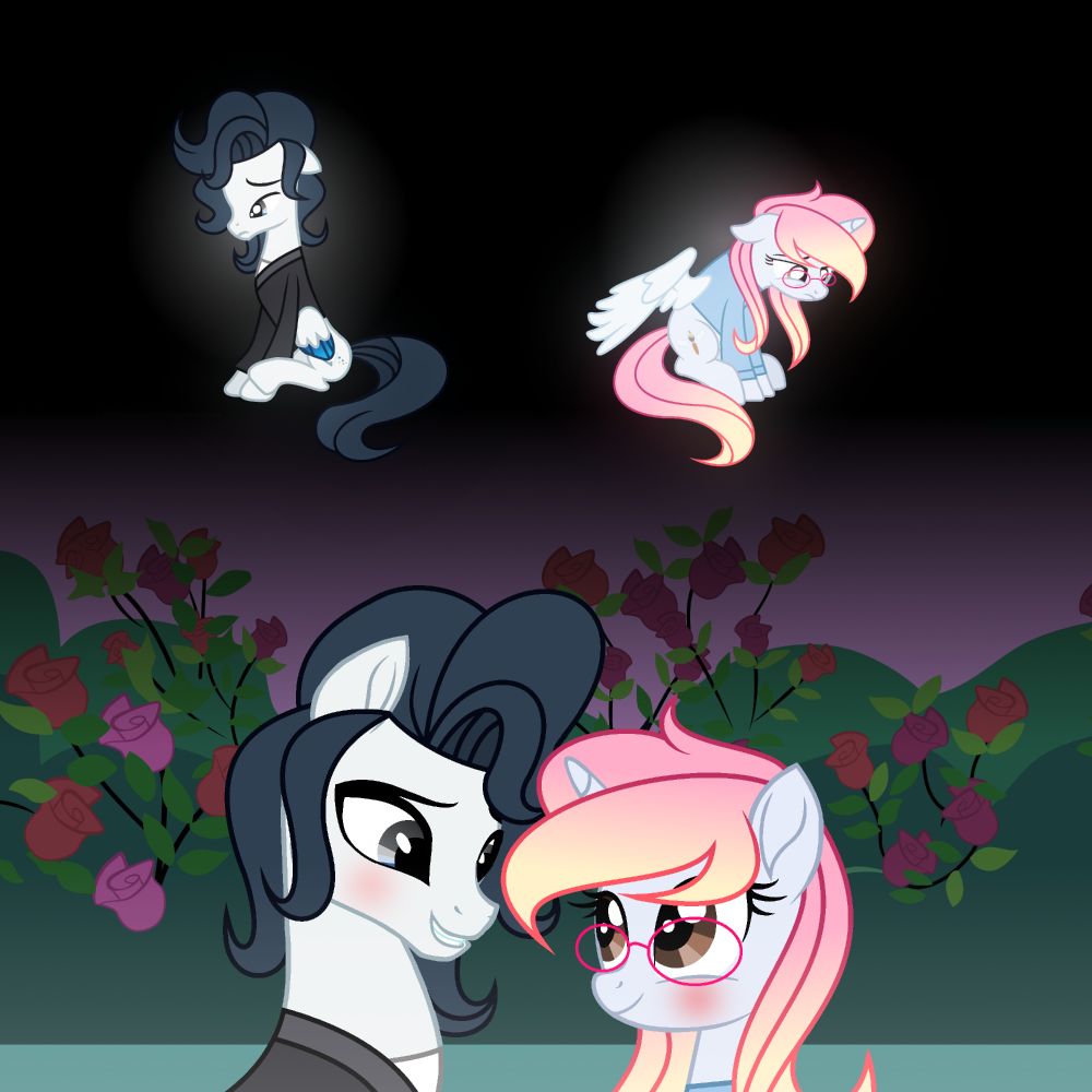 Top row depicts Nathan Chen (pony version) and Darby/Angel facing away from each other, depressed. Bottom row depicts Nathan and Darby/Angel happy together.