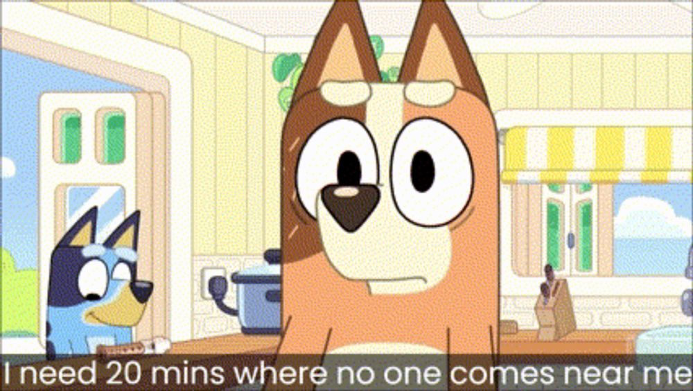 a cartoon dog is standing in a kitchen and says i need 20 mins where no one comes near me .