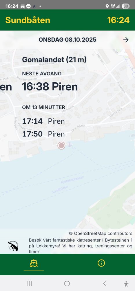 Sundbåtappen som viser neste avgang fra Gomalandet 16:38 til Piren 