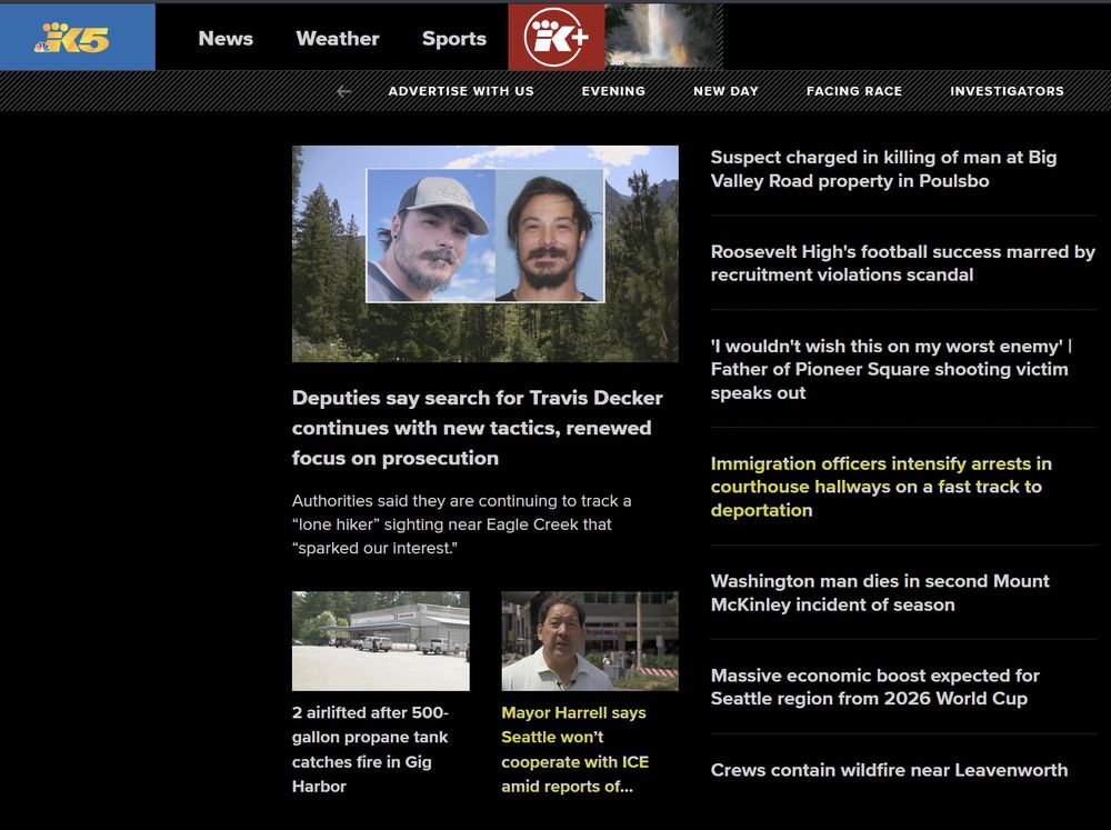 K5 home page with two small articles about Seattle's mayor not cooperating with ICE when they're inevitably deployed and another about ICE disappearing people from courthouses
