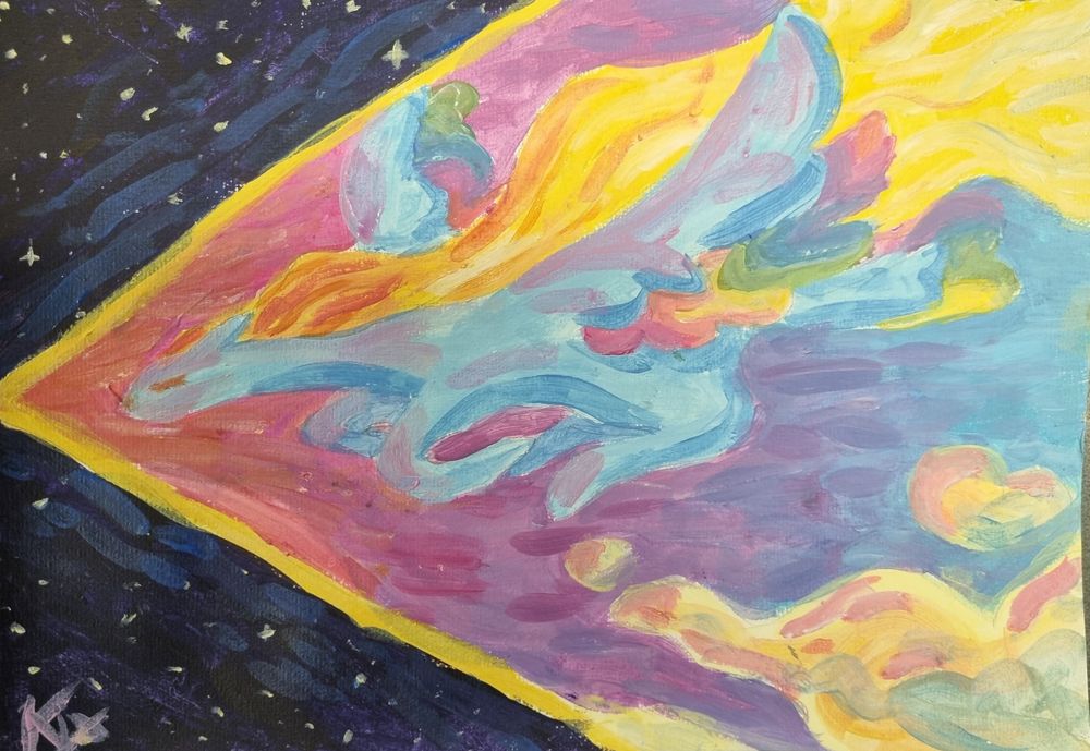 A cartoon acrylic painting of a blue pegasus zipping though the sky. As she flies, the sky transforms from night to sunrise, shown by the arrow shape of the sunrise in the background, and the starry night in the parts of the sky she hasn't reached yet. She has an orange to light yellow gradient mane, and rainbow secondary feathers.