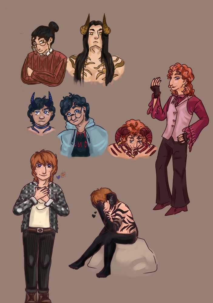 The same sketch, but now digitally coloured and rendered. Their outfits have all been changed compared to the original characters, but the colour of their stripes, hair, and outfits has mostly stayed the same as in the otome. 