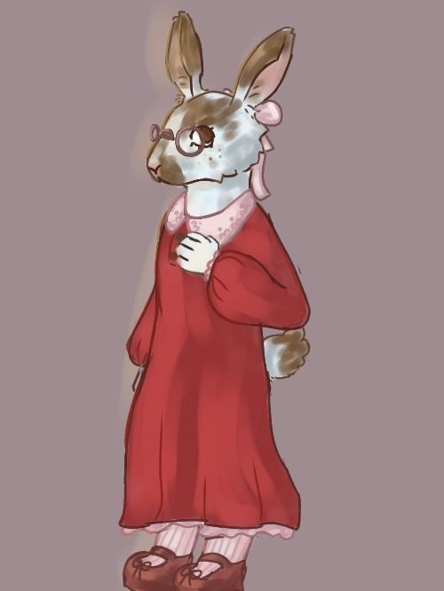 A digitally drawn, white anthropomorphic rabbit with brown patches. They wear a red long sleeved dress with a pink collar, socks, and bow. 